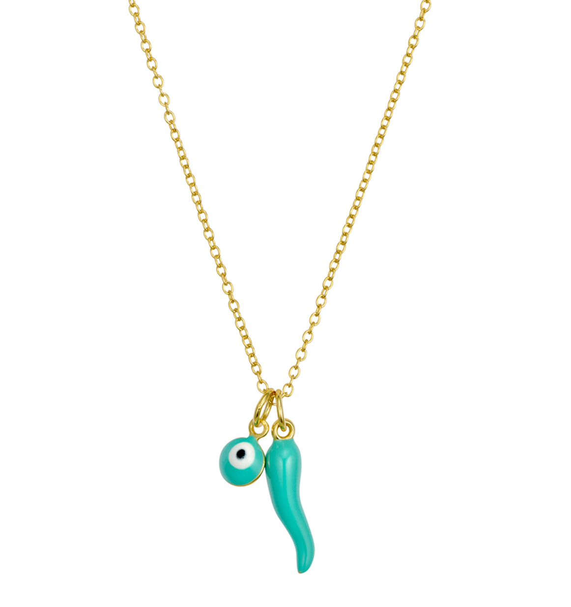 Turquoise “cornicello” horn and Evil Eye Necklace –