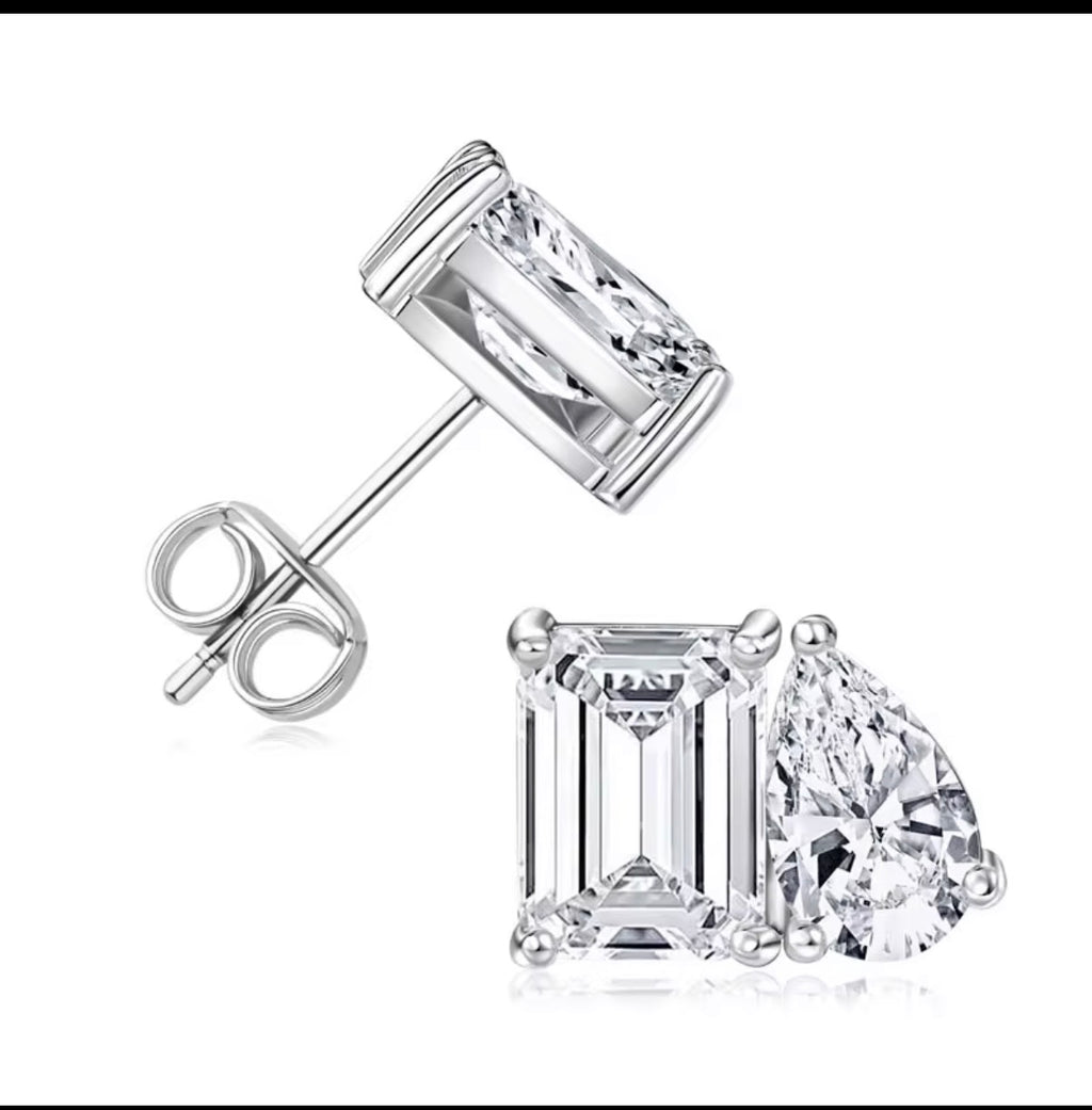 Evermore Earring - toi et moi bridal stud with emerald-cut and pear-cut crystals in silver-tone setting