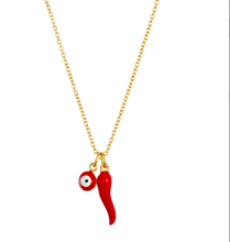 Load image into Gallery viewer, Red “cornicello” Horn and Evil Eye Necklace
