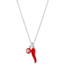 Load image into Gallery viewer, Red “cornicello” Horn and Evil Eye Necklace
