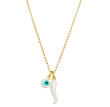 Load image into Gallery viewer, White “cornicello” Horn and Evil Eye Necklace
