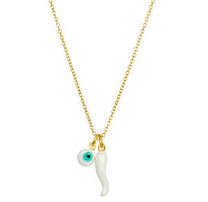 White “cornicello” Horn and Evil Eye Necklace