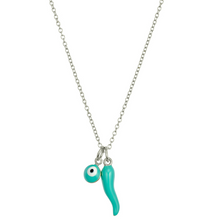 Load image into Gallery viewer, Turquoise “cornicello” horn and Evil Eye Necklace
