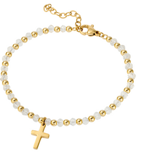 White Glass Bead Rosary Bracelet with Gold Cross